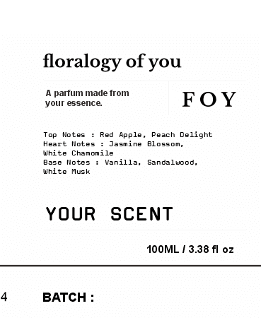 Label parfum FOY dengan top, heart, dan base notes